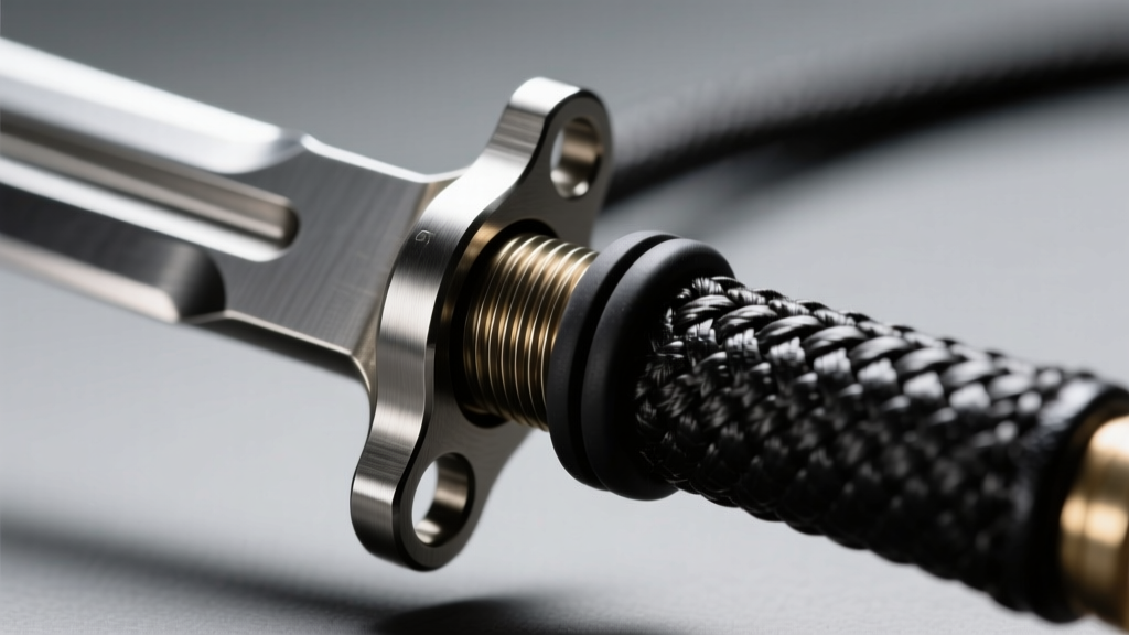 Macro shot of a steel bayonet clasp on a 3mm black braided leather cord, highlighting the threading and rubber O-ring seal.