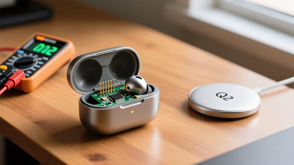 A disassembled true wireless earbud charging case with a multimeter probing the pogo pins, next to a sleek Qi2 magnetic wireless charging puck on a wooden desk
