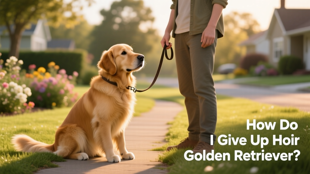A gentle Golden Retriever sitting calmly beside a person holding a leash, conveying trust and companionship