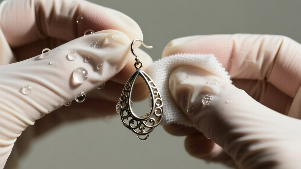 Hands in nitrile gloves gently polishing a tarnished silver drop earring with a soft microfiber cloth and mild soapy water suds.
