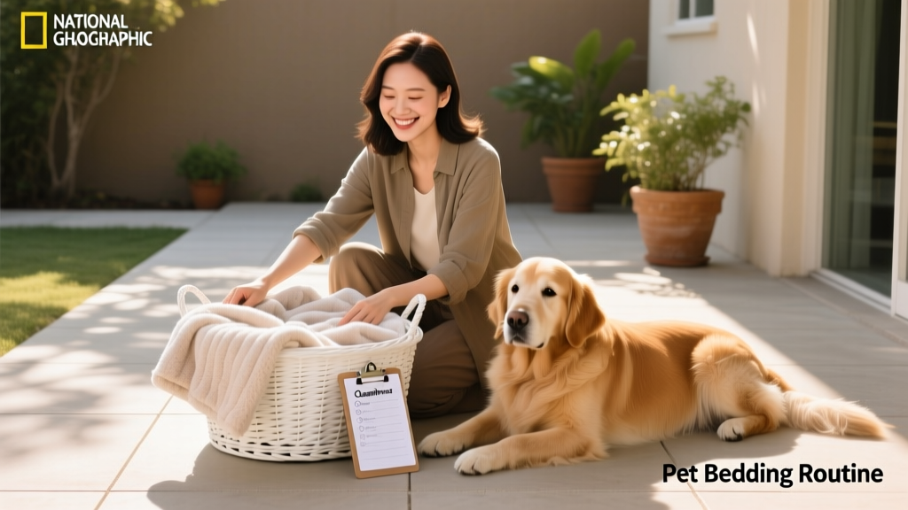 A smiling sitter placing freshly laundered pet blankets into a clean basket beside a well-groomed dog resting on a tidy patio