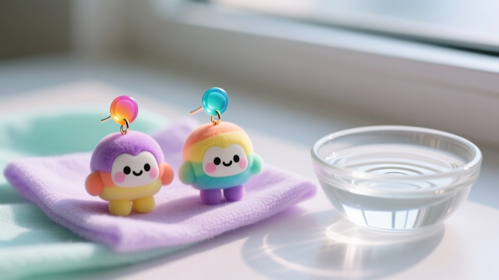Colorful acrylic Squishmallow character earrings resting on a pastel microfiber cloth beside a small glass bowl of mild soapy water.
