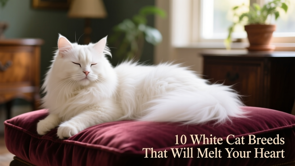 A serene white Persian cat resting on a velvet cushion, eyes half-closed, with immaculate long fur
