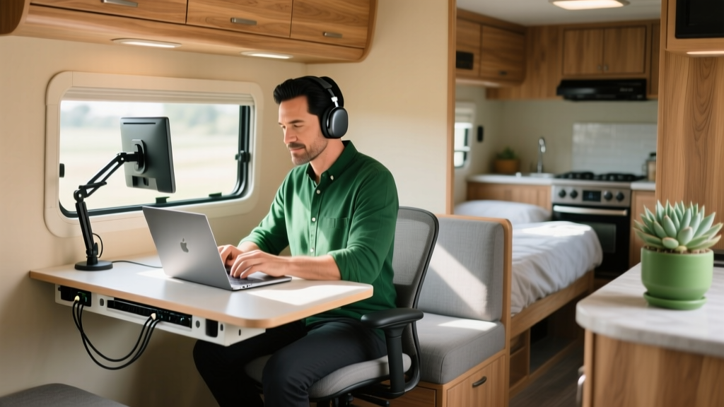 Remote worker wearing noise-canceling headphones, typing on a laptop at a compact RV dinette converted into an ergonomic workspace.