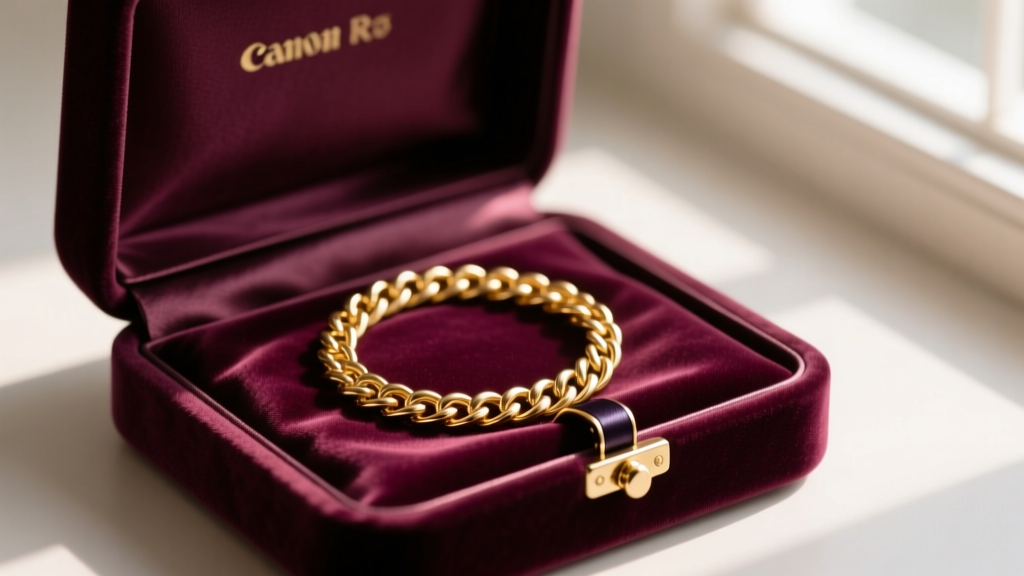 Velvet-lined jewelry box showing a neatly coiled gold chain with a dark anti-tarnish strip tucked right beside the metal clasp.