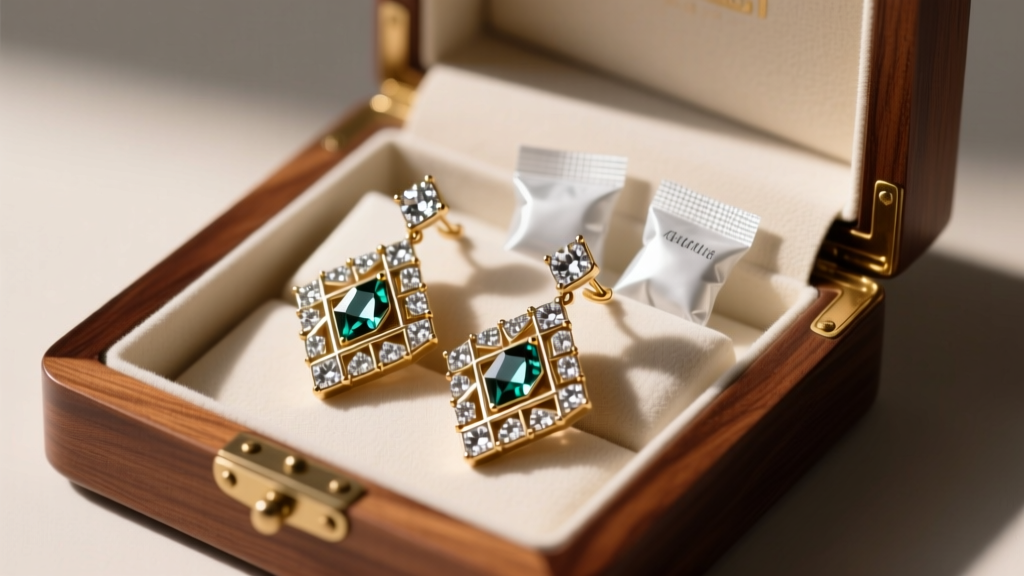 Art deco rhinestone earrings stored in acid-free tissue inside a lined wooden jewelry box next to small silica gel packets.
