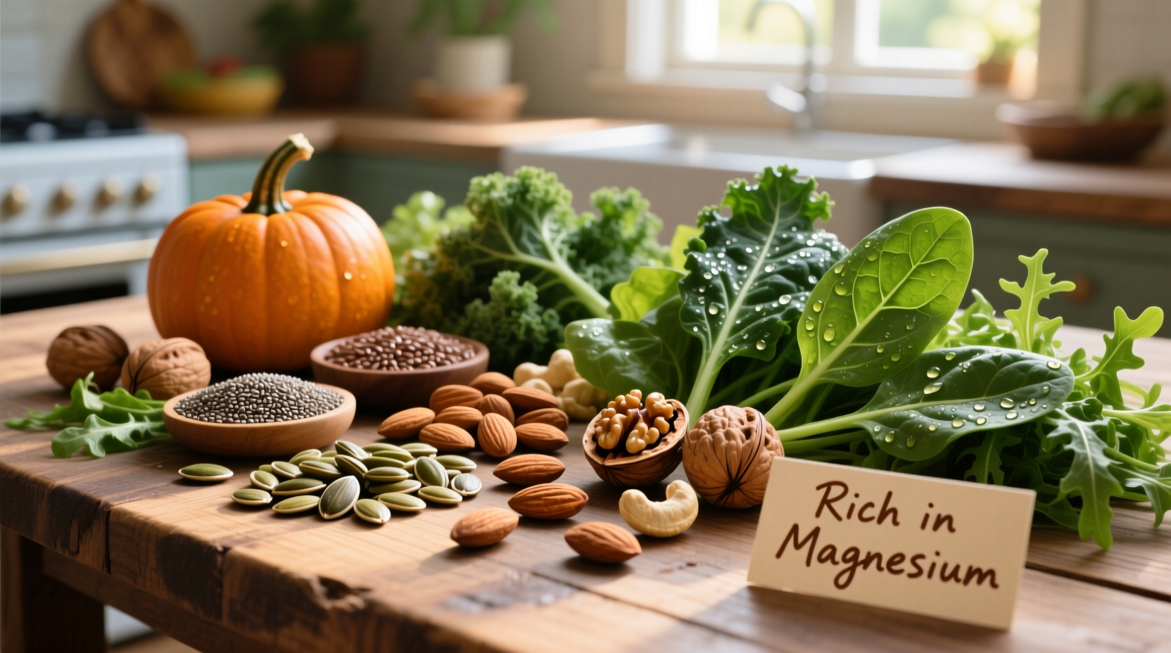 Colorful display of magnesium-rich seeds, nuts, and leafy greens