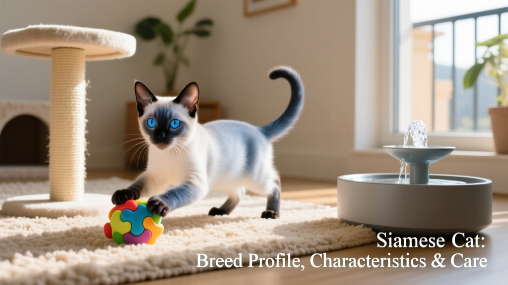Siamese kitten playing with a puzzle toy on a cozy rug beside a cat tree and water fountain