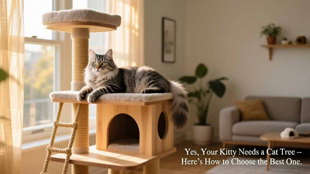 A relaxed cat lounging on a multi-level FurPetVo cat tree near a sunlit window