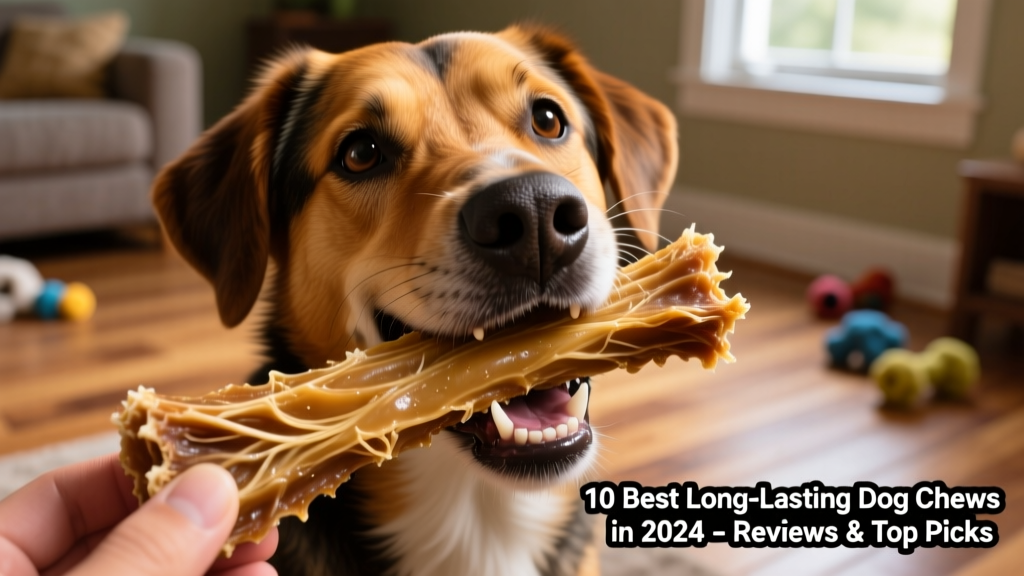Close-up of a golden-brown yak chew being held in a dog's mouth, with visible texture and minimal saliva