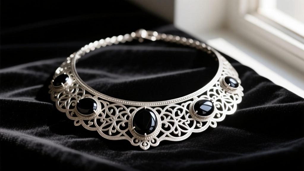 Handcrafted .950 silver Mexican necklace featuring intricate openwork calado designs and polished obsidian on dark velvet.