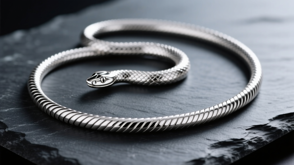 A 925 sterling silver snake necklace draped on dark slate, revealing its smooth, tightly interlocking tubular links