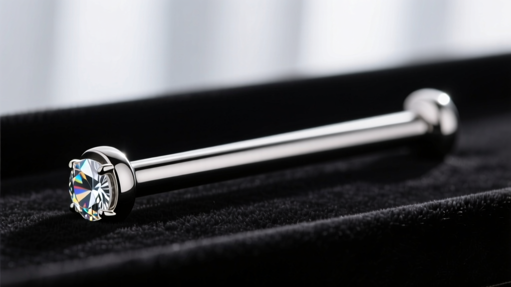 Macro shot of a polished titanium curved barbell on black velvet, with soft lighting highlighting its threadless gemstone end.