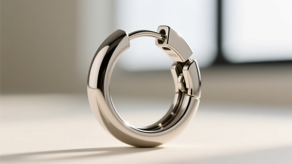 Macro shot of hinged snap-back closure on 100mm stainless steel hoop earring, showing interlocking latch and polished metal