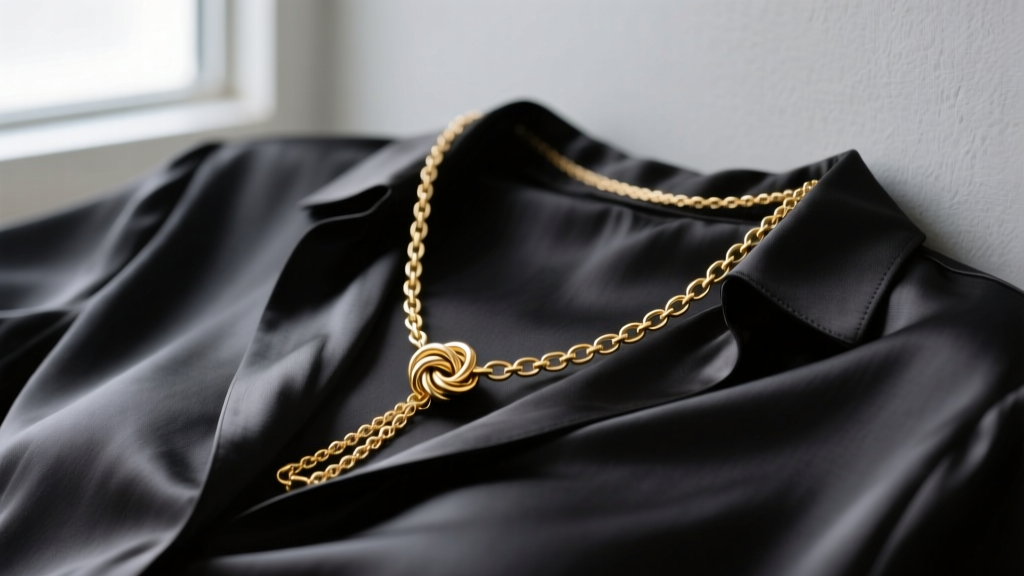 Gold lariat necklace tied in a slip knot over a dark silk blouse, soft lighting highlighting the delicate metal chain links.