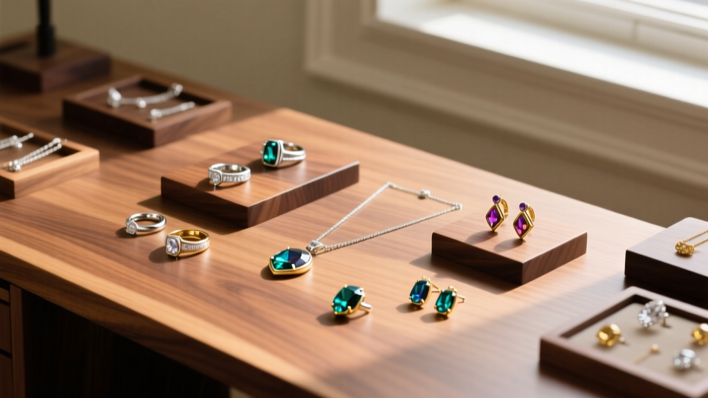 Overhead shot of a wooden jeweler's bench displaying polishing cloths, a rotary tumbler, and red rouge next to tarnished silver.