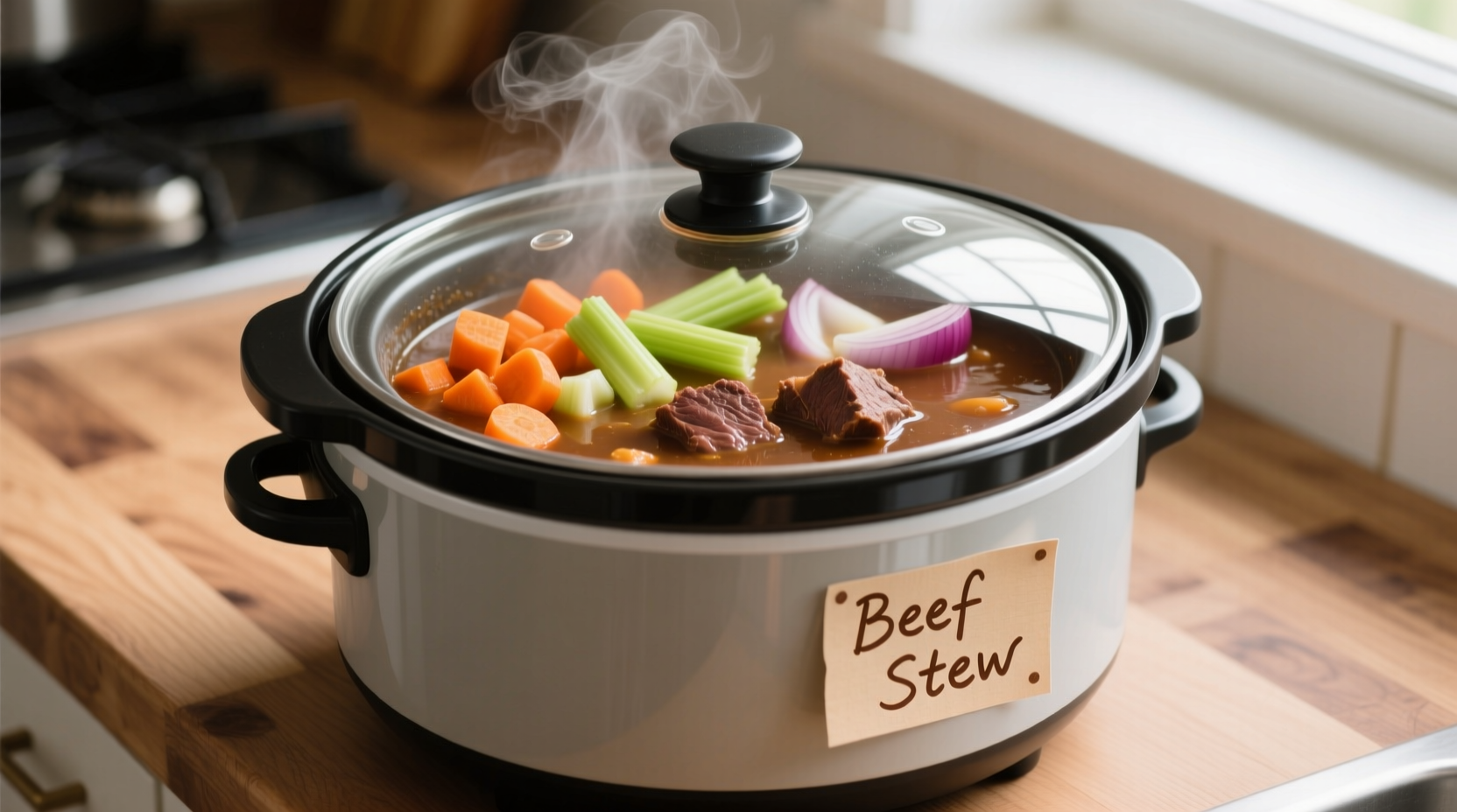Slow cooker appliance with ingredients inside