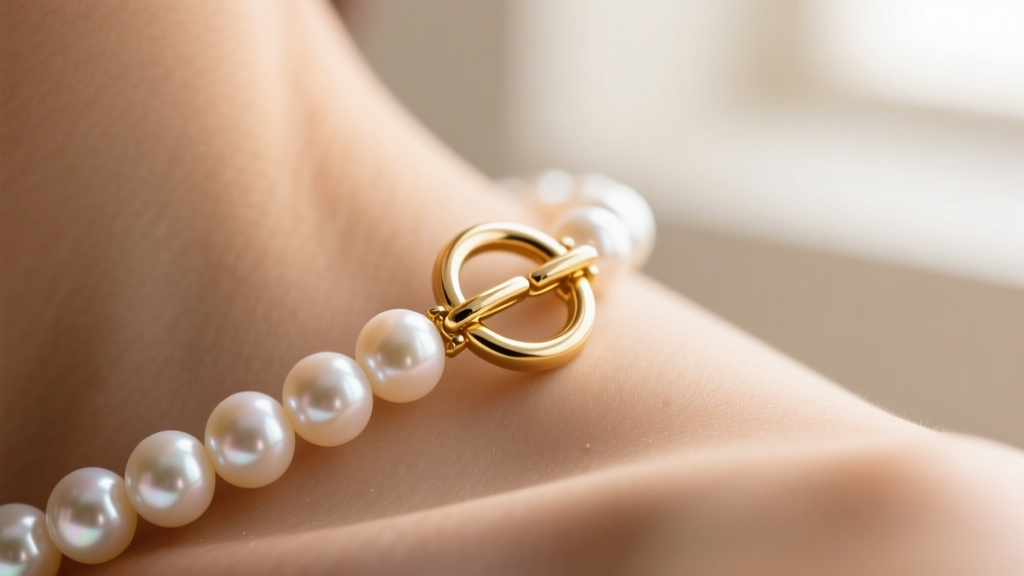 Close-up of Akoya pearls, highlighting a 14k gold toggle clasp securely fastened under soft, warm window lighting on bare skin.