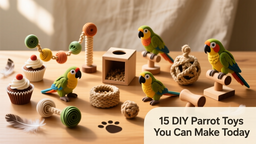 A colorful assortment of handmade parrot toys arranged on a clean wooden surface — including cupcake liner chains, rolled paper balls, and foraging boxes