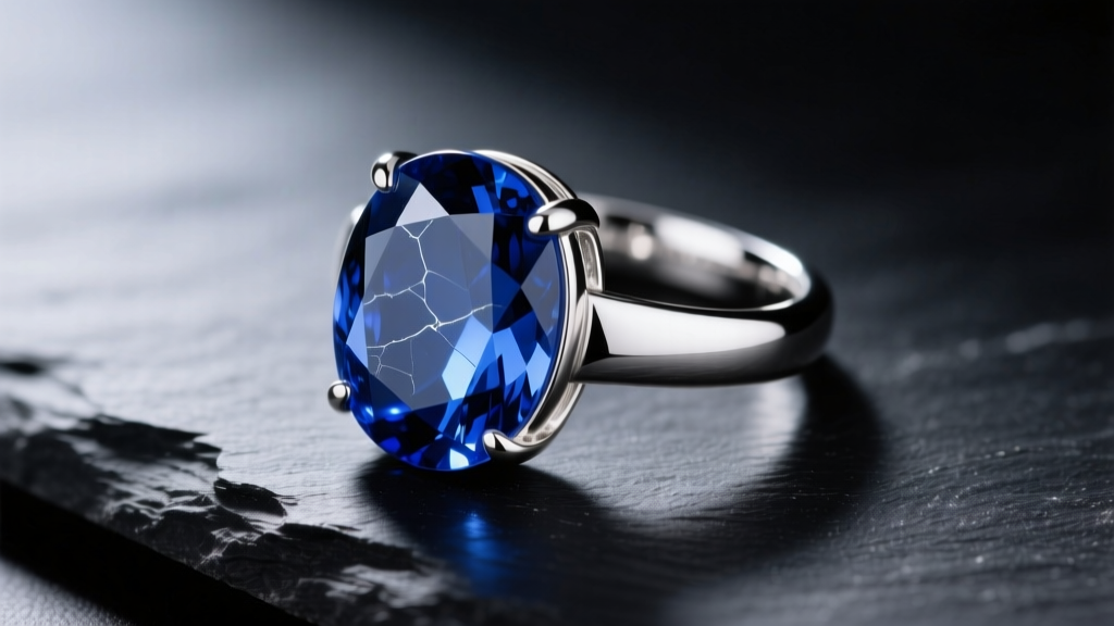 Macro shot of a blue quartz cabochon ring in sterling silver resting on dark slate under soft directional lighting.