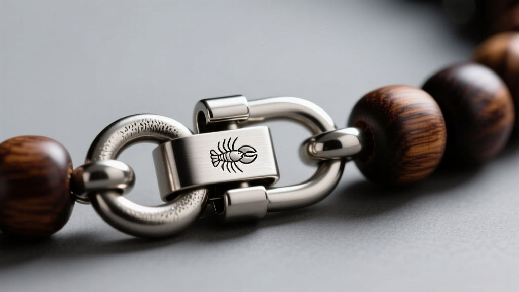 Extreme close-up of a brushed 316L surgical steel lobster clasp securely attached to a dark wooden bead necklace chain link