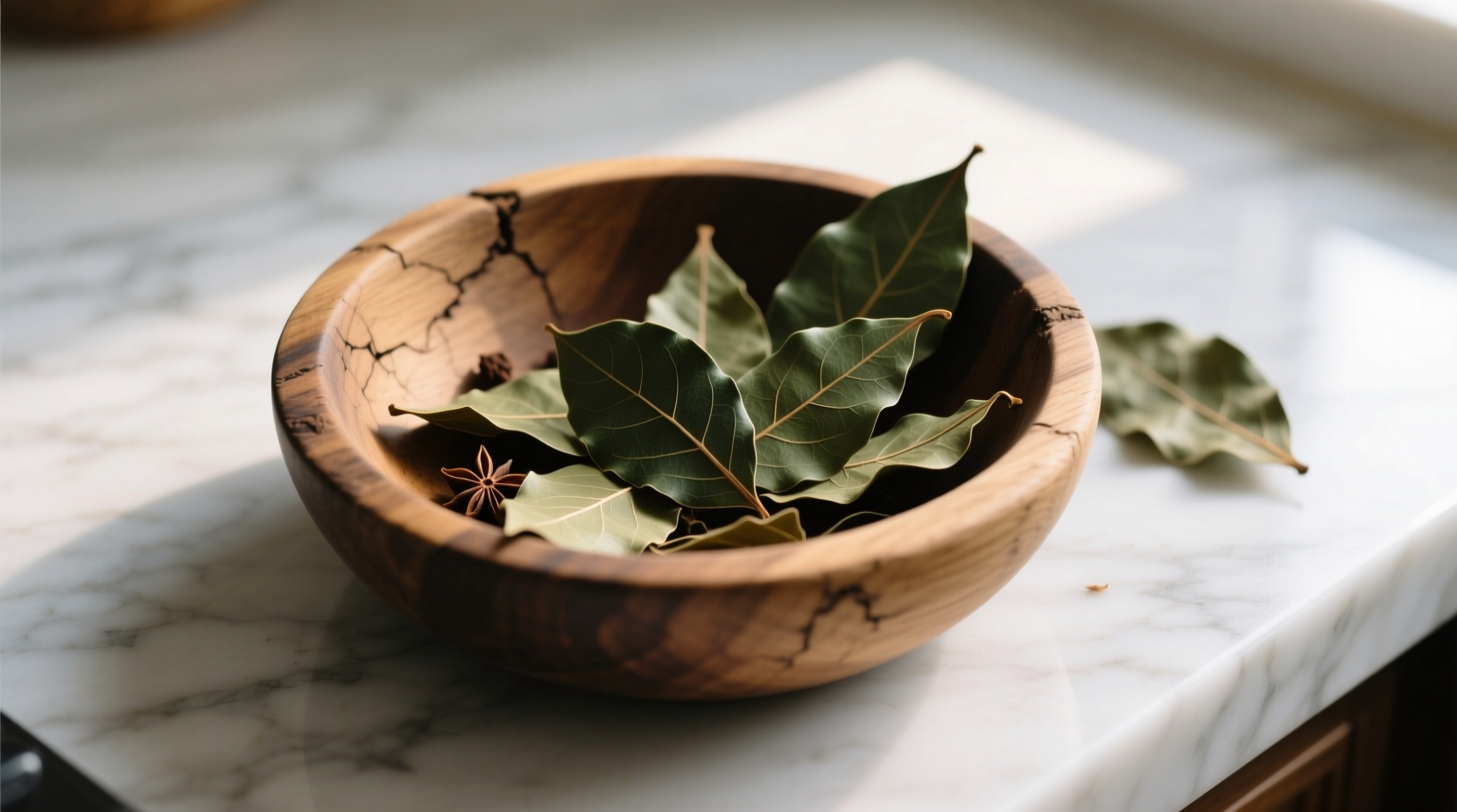 Bay leaves in a wooden spice bowl on marble