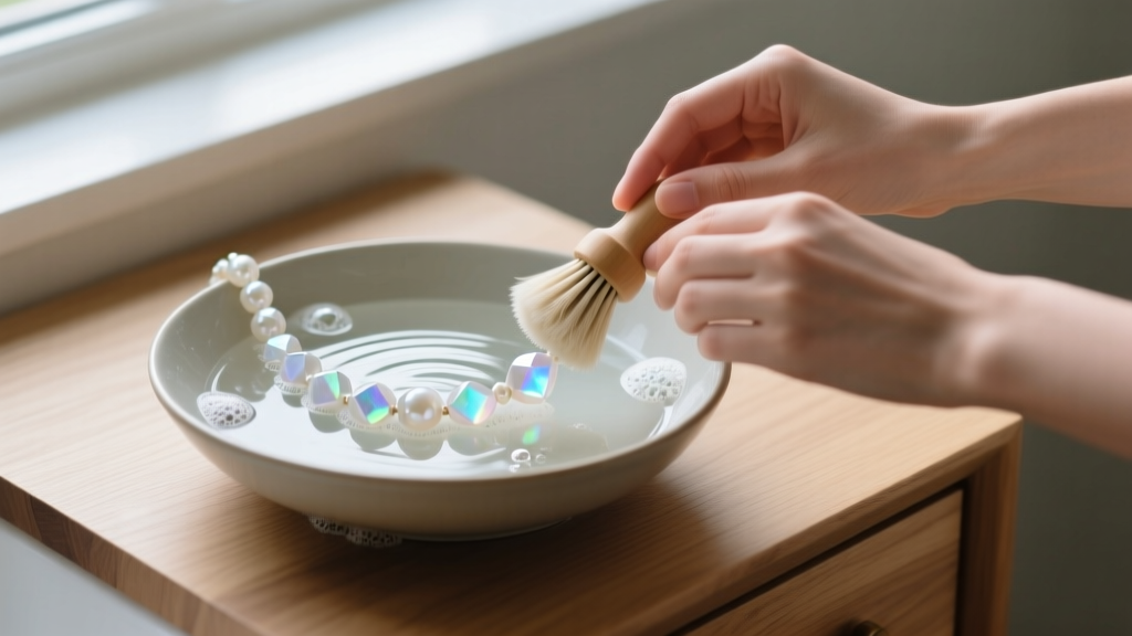Hands gently brushing a moonstone white crystal necklace with a soft brush in a bowl of lukewarm soapy water on a wooden vanity
