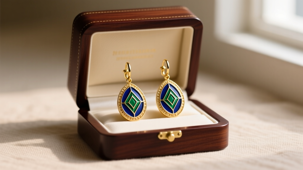 Navy blue and forest green guilloché enamel drop earrings with 18k gold vermeil borders displayed inside a mahogany gift box.