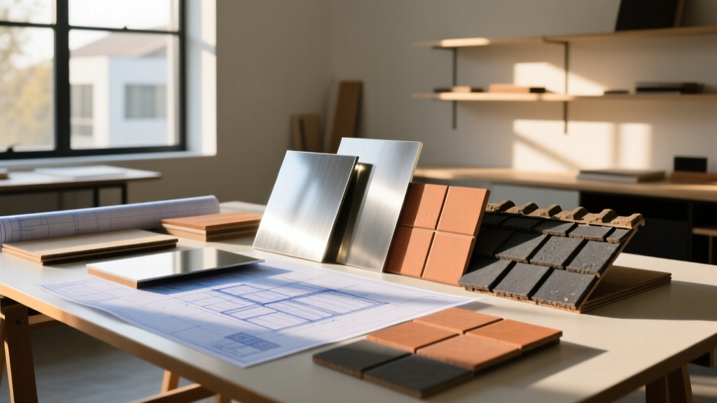 Blueprints on a drafting table overlaid with metal, clay tile, and asphalt shingle samples in a bright architectural studio