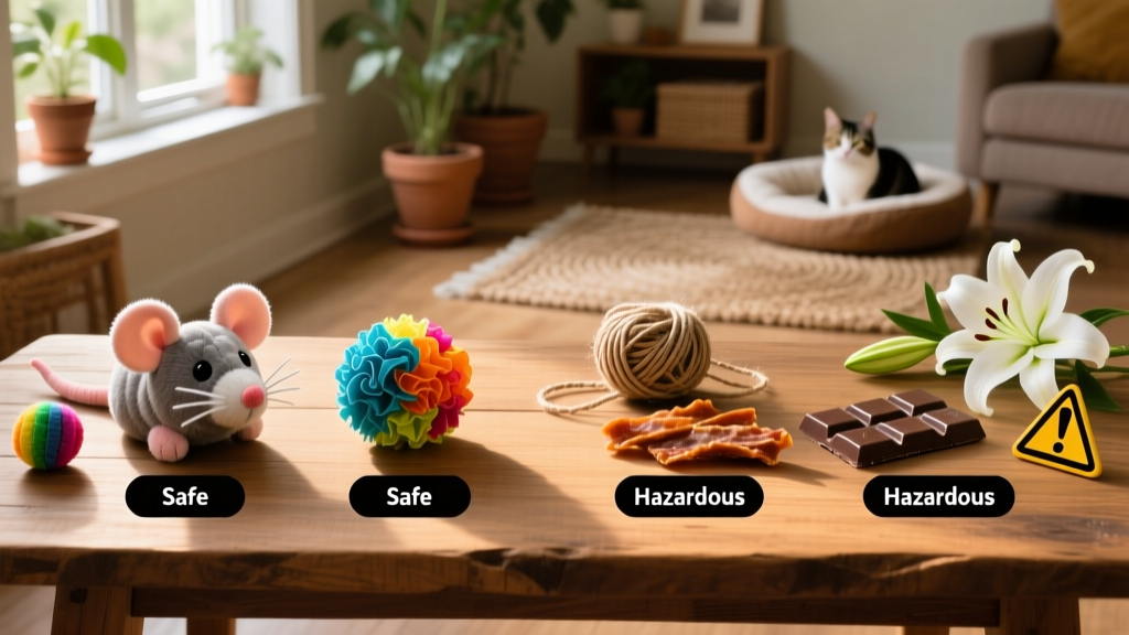 A side-by-side comparison showing safe cat toys and treats next to hazardous items like string, lilies, and chocolate bars