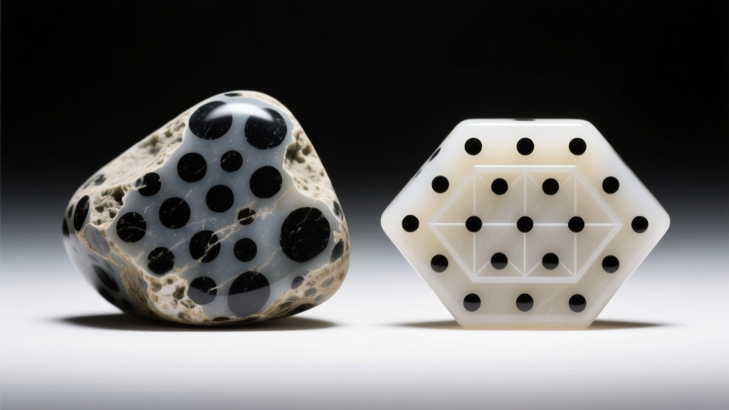 Macro photo comparing a Georgian black-dot paste stone and a Victorian machine-cut paste stone under bright jewelry loupe lighting.
