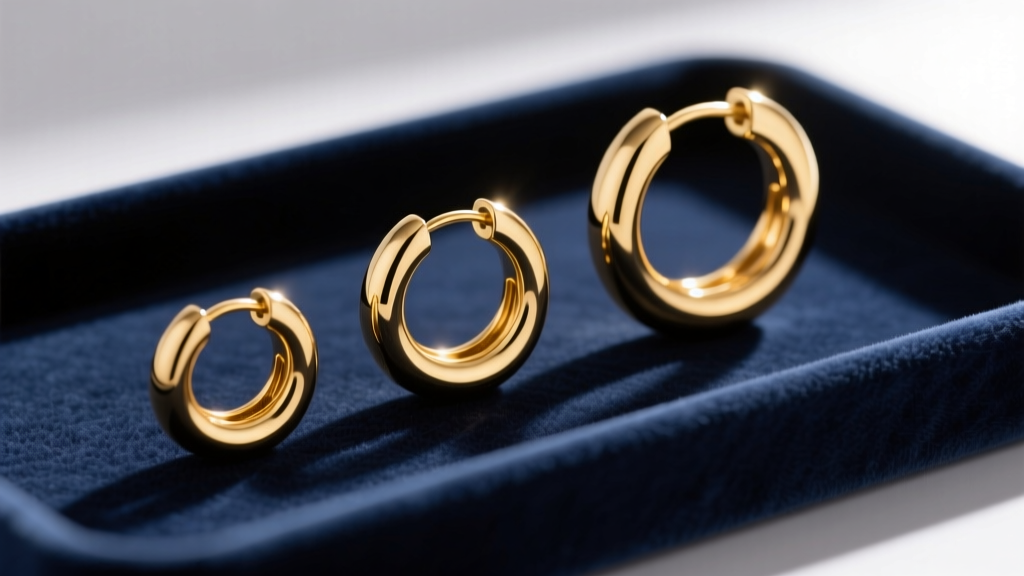 Macro shot comparing three gold circle huggie earrings of varying diameters, 10mm, 12mm, and 15mm, laid out on a velvet tray.