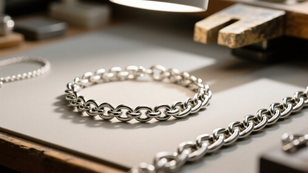 Jeweler bench showing knotted 0.3mm silver chain beside a sturdy 0.8mm wheat chain under bright daylight lamp lighting.