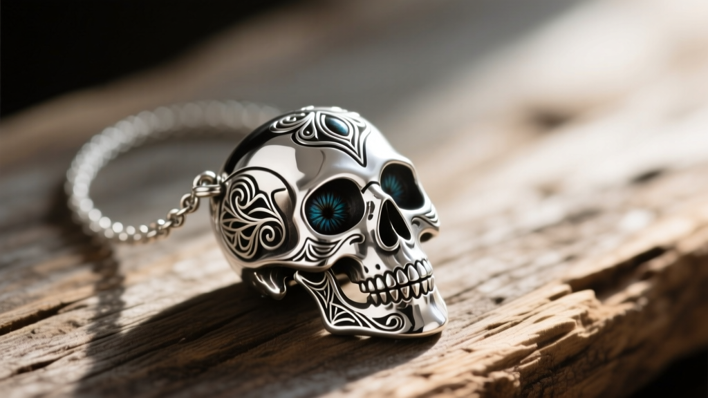 Macro shot of a detailed sterling silver Wind Waker skull necklace on weathered wood, highlighting oxidized eye sockets.