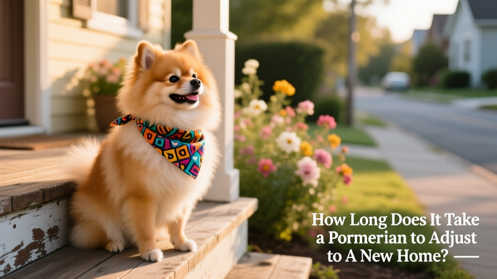 A happy Pomeranian sitting on a porch step, wearing a colorful bandana, looking relaxed and content