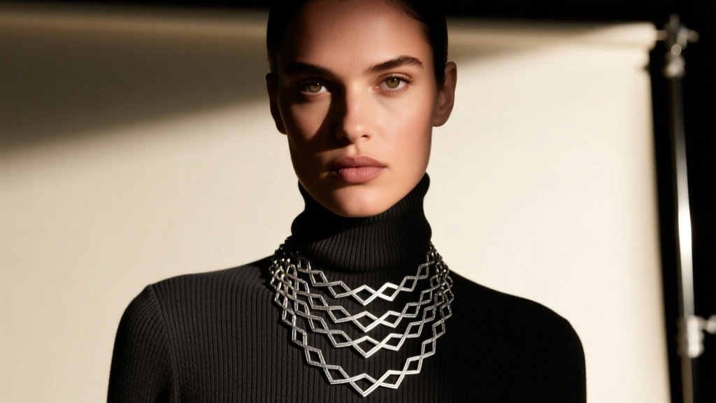 Editorial portrait of a model wearing a layered Ava Ro silver necklace stack over a charcoal turtleneck, moody studio lighting.