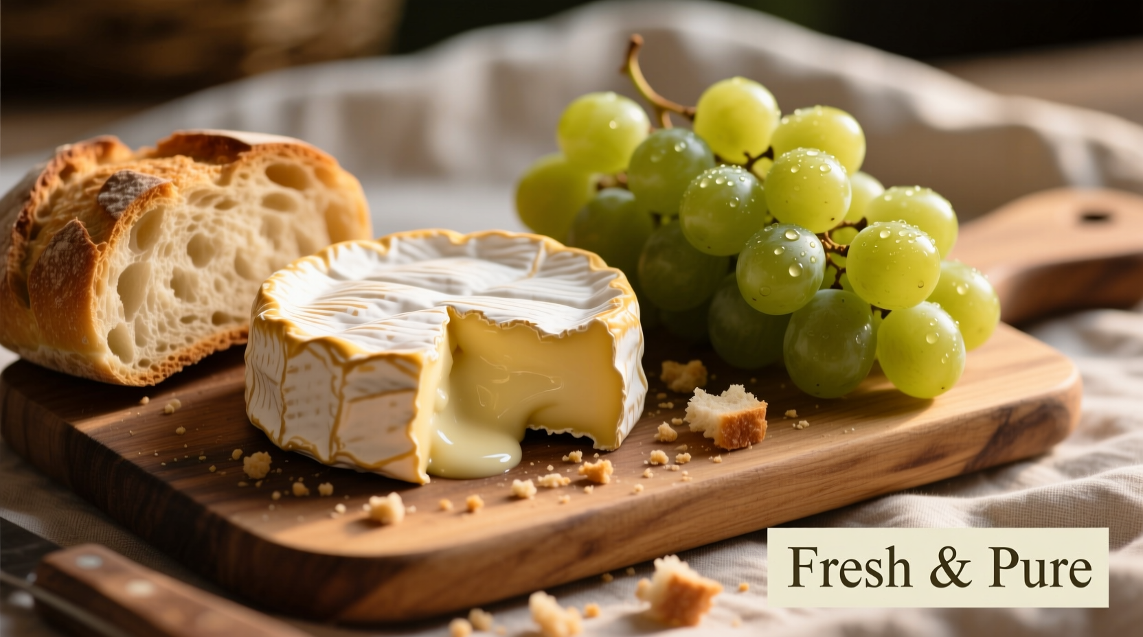 Perfectly ripened brie cheese with crusty bread and grapes