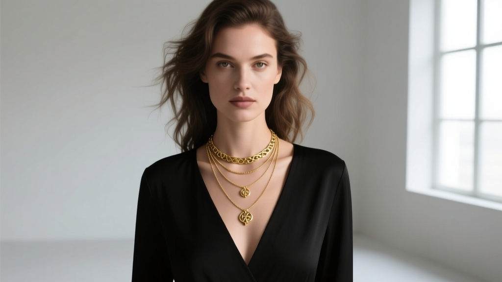 Woman wearing three layered gold necklaces over a black V-neck top, soft lighting, high fashion editorial portrait photo style.