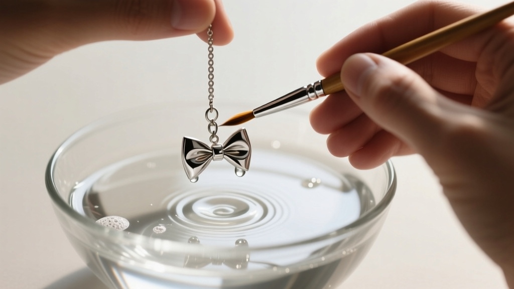 Hands using a micro-brush to clean tight crevices of a silver bow tie earring over a glass bowl of mild soapy water.
