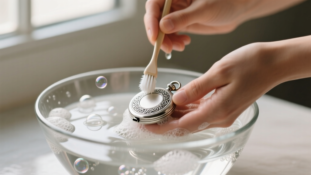 Hands washing a silver locket in a glass bowl of soapy water, using a soft toothbrush to gently clean the detailed engraving