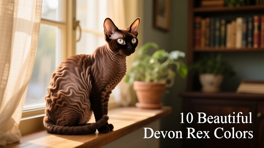 Side profile of a chocolate Devon Rex sitting on a sunlit windowsill, showing its plush wavy coat