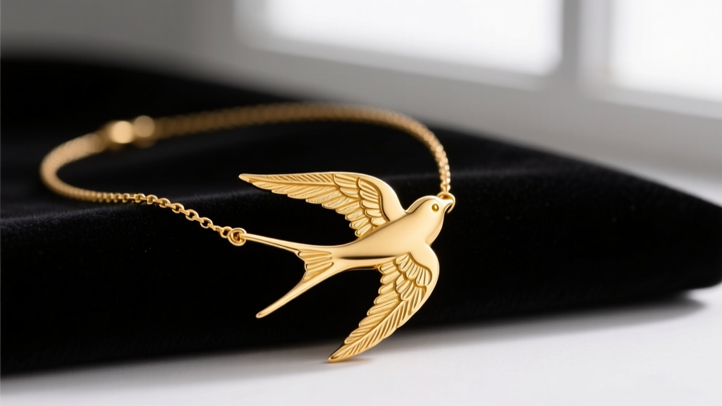 Close-up of a delicate 14k yellow gold swallow necklace on dark velvet, soft studio lighting highlighting engraved wing feathers.