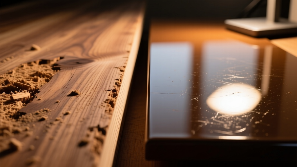 Macro shot comparing raw MDF wood grain on the left and a sealed polyurethane surface on the right under warm desk lighting