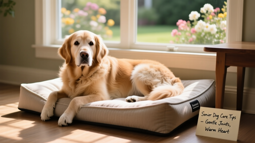Senior golden retriever resting comfortably on an orthopedic dog bed near a sunlit window