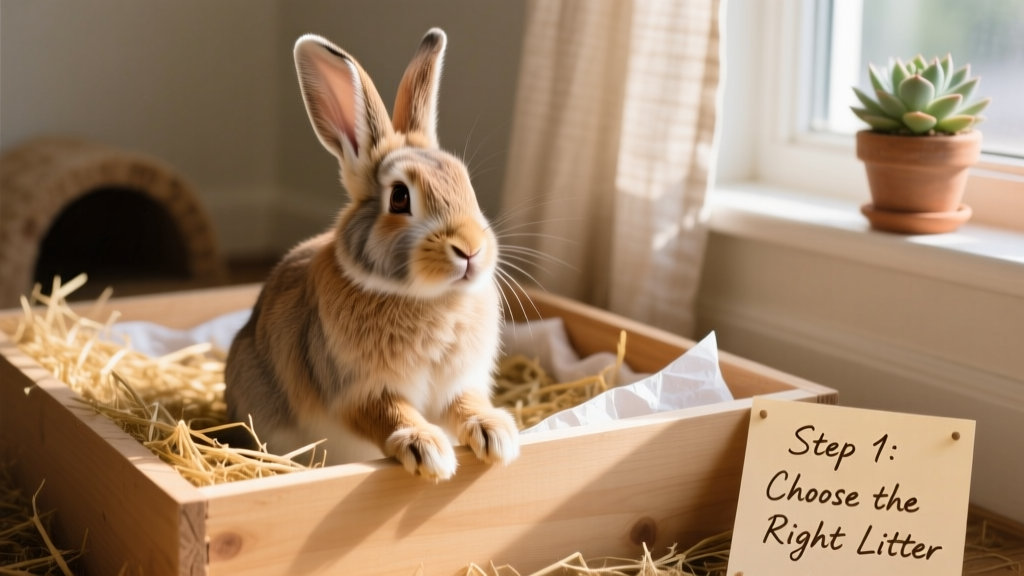 A calm, curious rabbit sitting comfortably inside a low-sided litter box filled with hay and absorbent bedding
