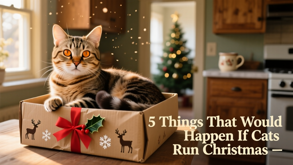 A tabby cat sitting contentedly inside a cardboard gift box
