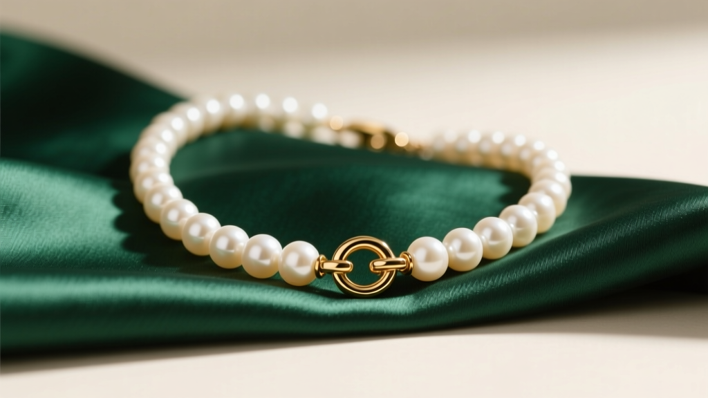 Close-up of a vintage Carolee pearl necklace on emerald silk, highlighting the gold-tone fold-over clasp and creamy luster.