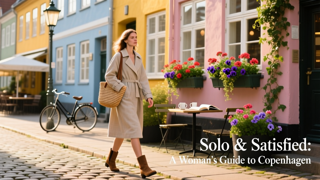 A solo female traveler strolling along a cobblestone street in Copenhagen, passing colorful 19th-century buildings and blooming window boxes