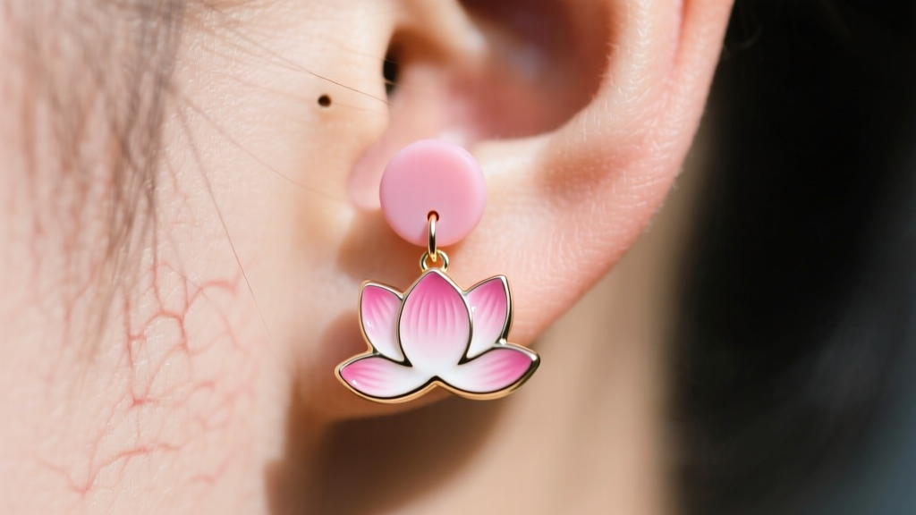 Pink vitreous enamel lotus earring secured with a wide silicone disc backing, shown in a close-up on a standard pierced earlobe.