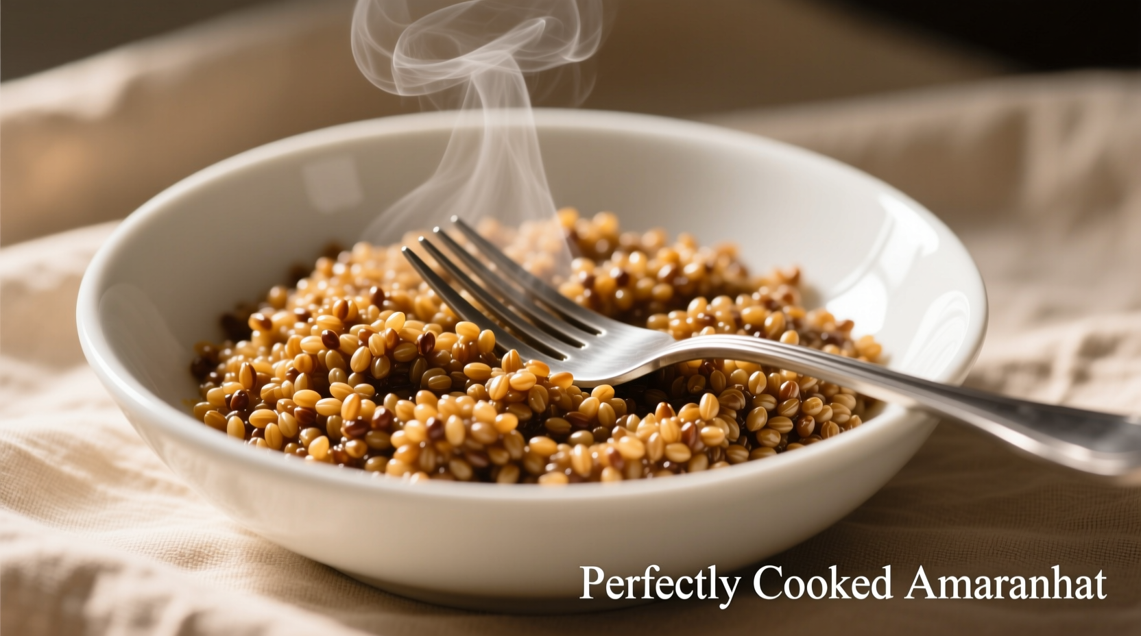 Perfectly cooked amaranth in white bowl with fork